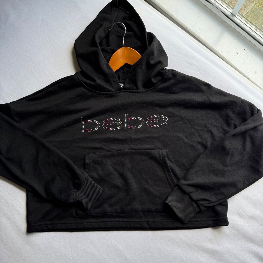 Bebe Sport Womens Black Rhinestone Logo Cropped Hoodie Sweatshirt Medium